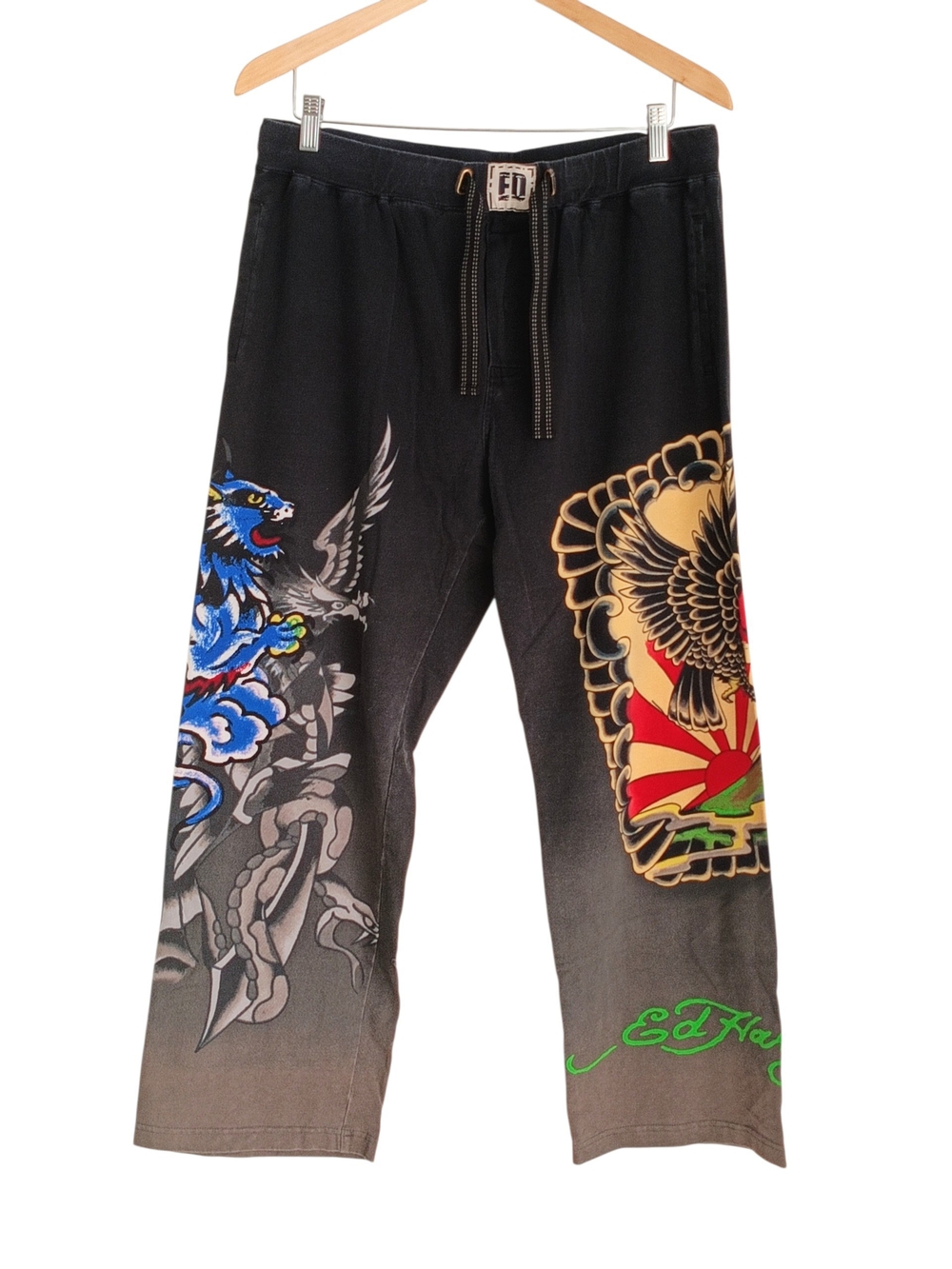 VTG Y2K Ed Hardy All Over Print Black Loungewear Pants Size L 36-38